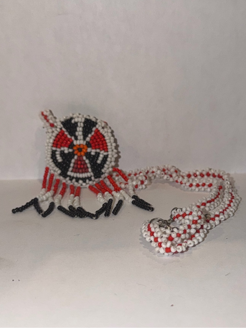 Handmade Beaded Red, White & Black Pendant Necklace